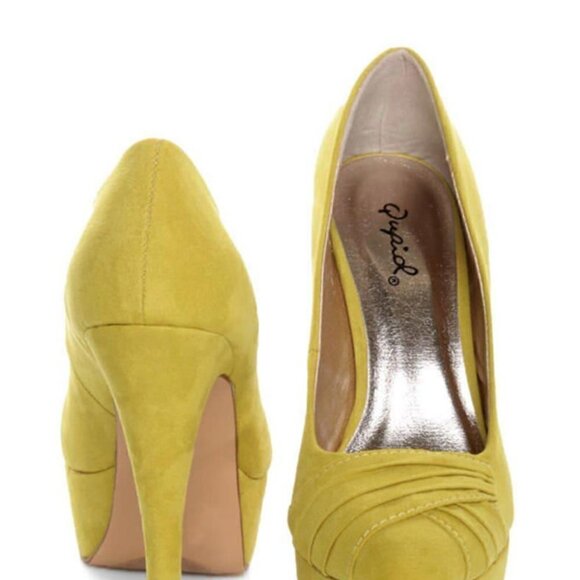 Qupid Penelope 47 Yellow Suede Ruched Platform Pumps. sz 6.5 - Picture 2 of 11
